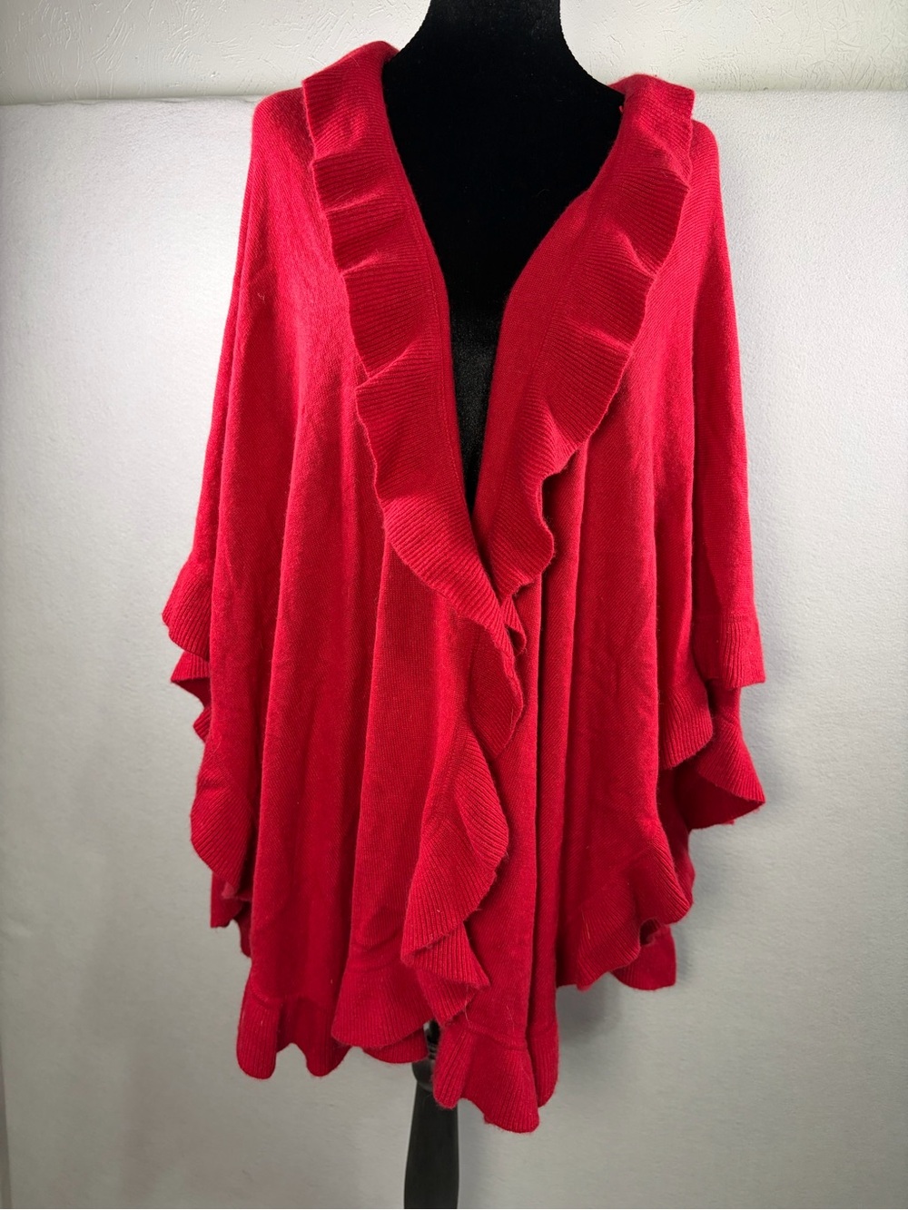 Vintage Wool & Cashmere Peck & Peck Bright Red Ruffle Open-Front Poncho Sweater